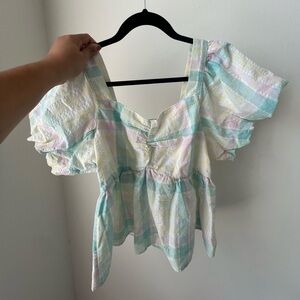 Smocked Plaid Puff Sleeve Babydoll Top